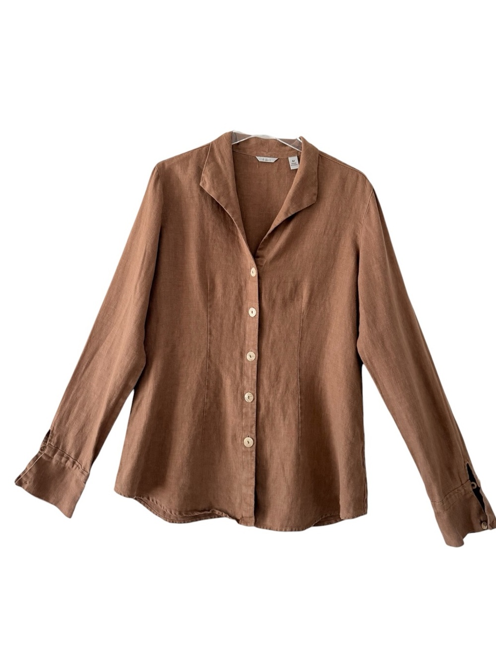 100% Linen Relaxed Button-Front Shirt Neutral Walnut Brown Size Medium